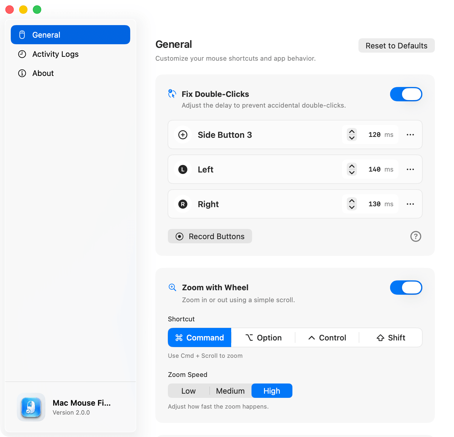 Mac Mouse Fixer Interface