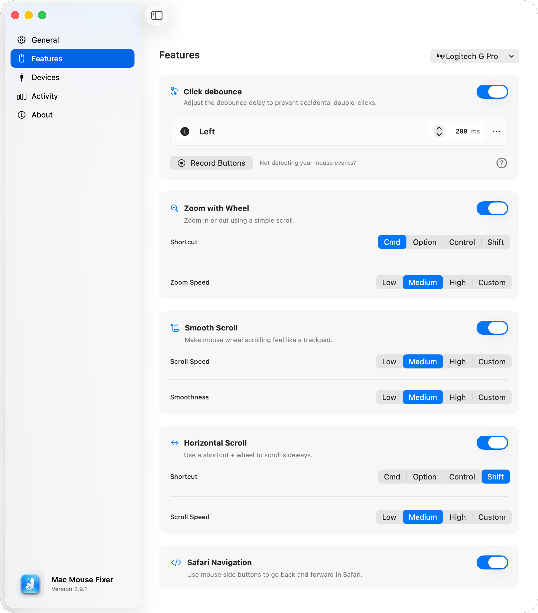 Mac Mouse Fixer Interface